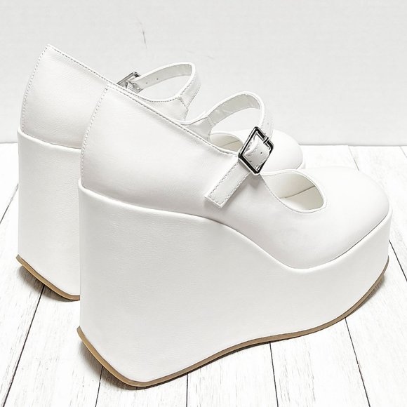 New White Platform Mary Jane Wedge Heel Pumps - Picture 5 of 5